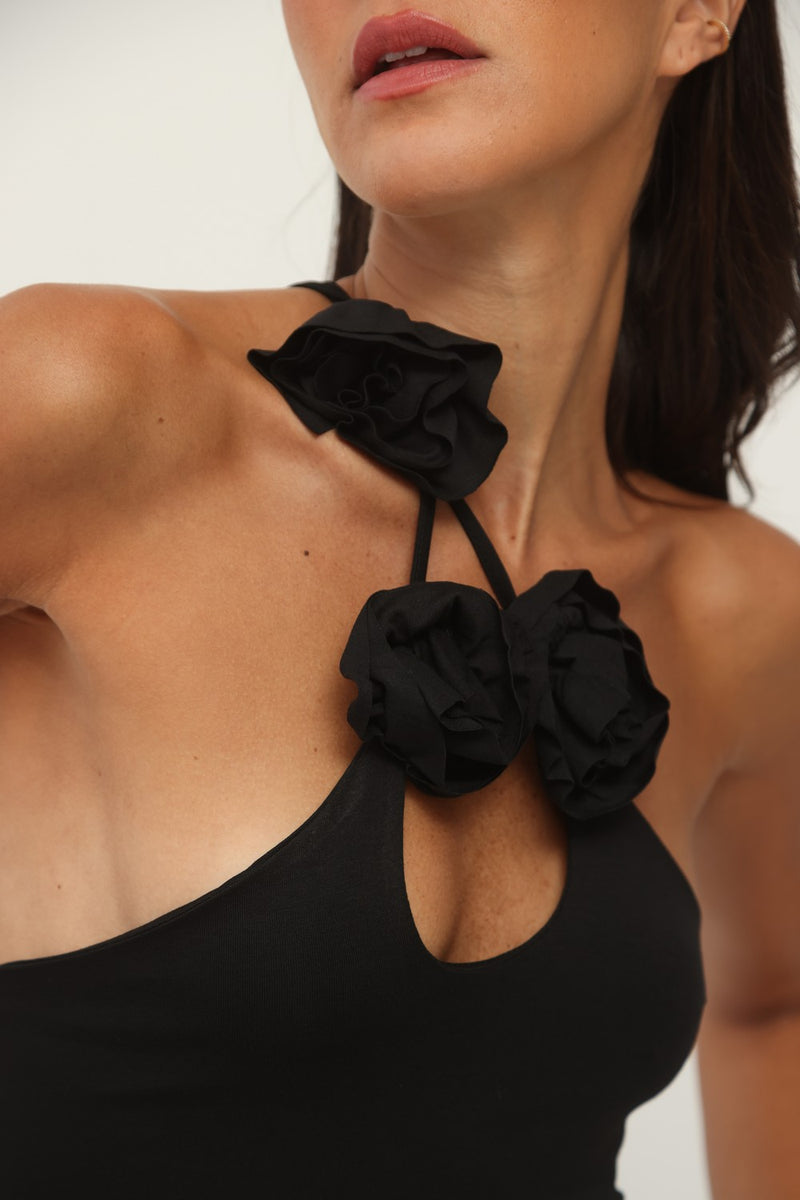 שמלת כתף אחת פרח שחורה